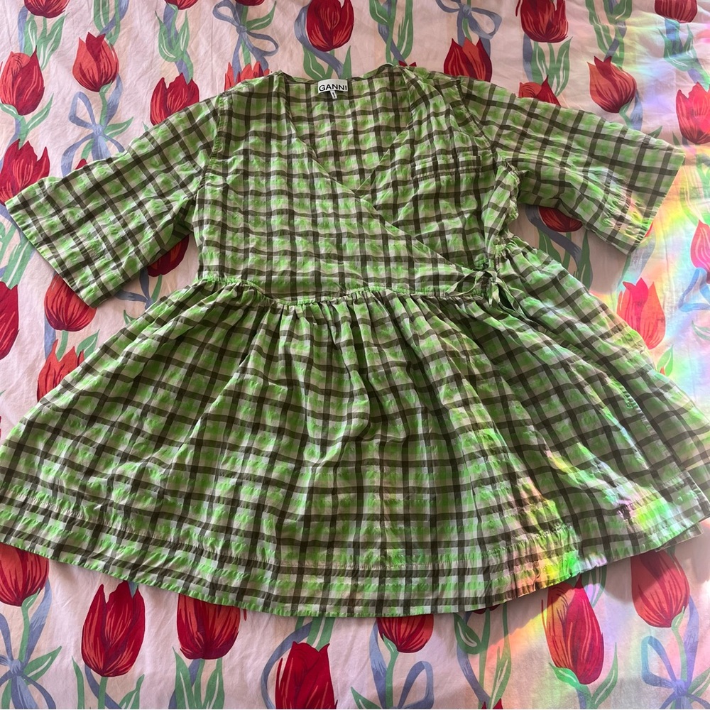 Ganni wrap dress green plaid
